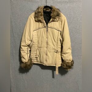 Rampage Vintage Y2K Cream Tan Quilted Jacket Faux Fur Trimmed Collar Cuffs Small
